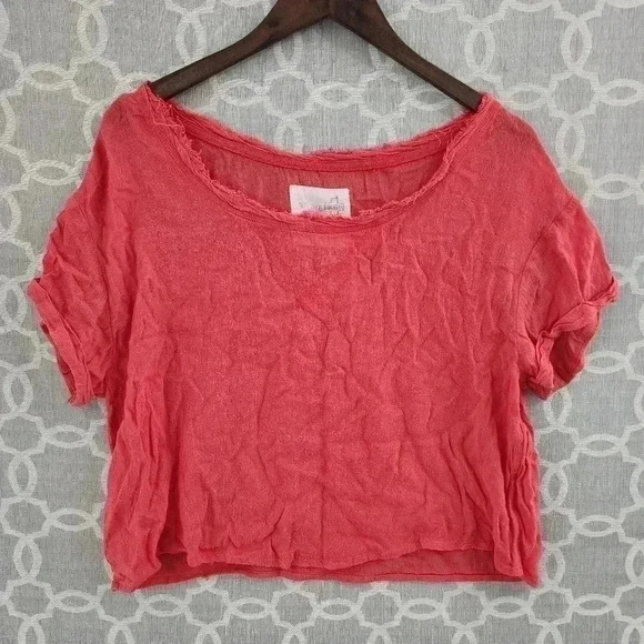 Free People Rayon Blend Cropped Scoop Neck Short Sleeve Blouse M - Picture 1 of 7
